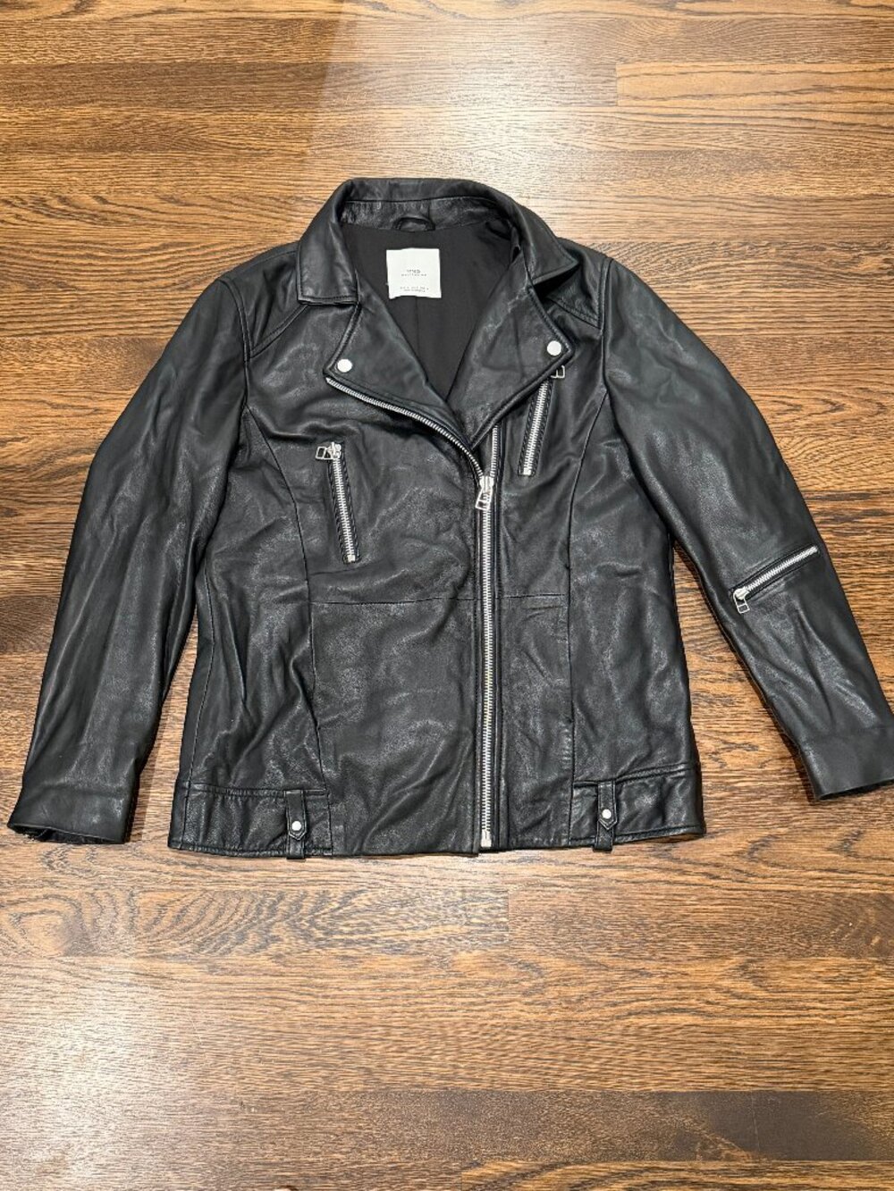MNG Mango Genuine Leather Moto Jacket Black Biker Notched Lapel Womens S